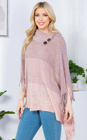 Poncho-PINK Striped T-Neck W/ Sleeves, Buttons and Fringe
