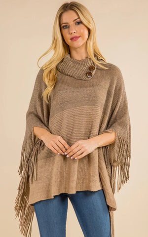 Poncho-TAN Striped T-Neck W/ Sleeves, Buttons and Fringe