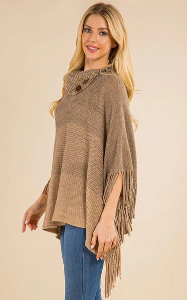 Poncho-TAN Striped T-Neck W/ Sleeves, Buttons and Fringe