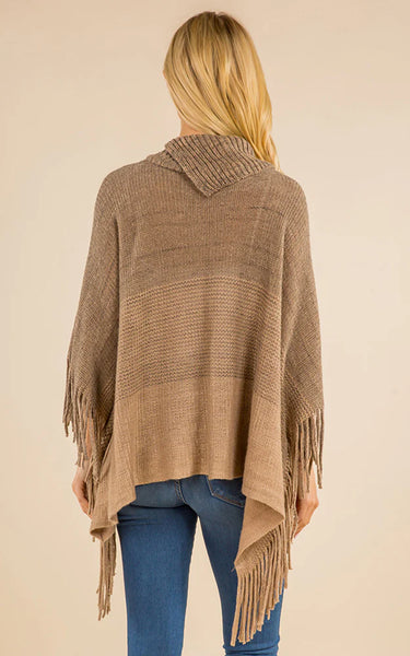 Poncho-TAN Striped T-Neck W/ Sleeves, Buttons and Fringe