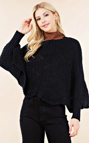 Poncho-BLACK Knit Poncho With Sleeves