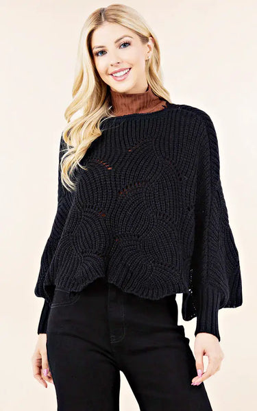 Poncho-BLACK Knit Poncho With Sleeves