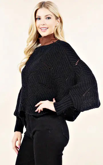 Poncho-BLACK Knit Poncho With Sleeves