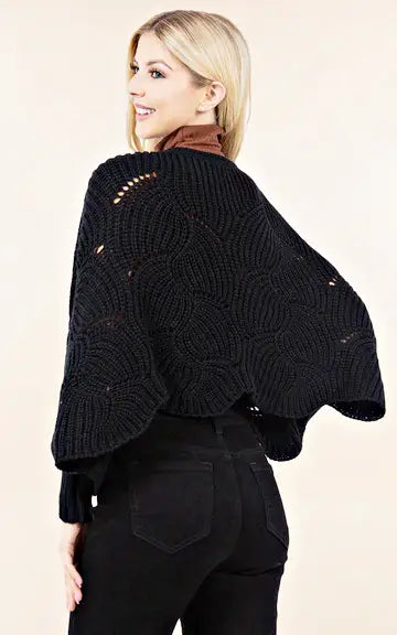 Poncho-BLACK Knit Poncho With Sleeves