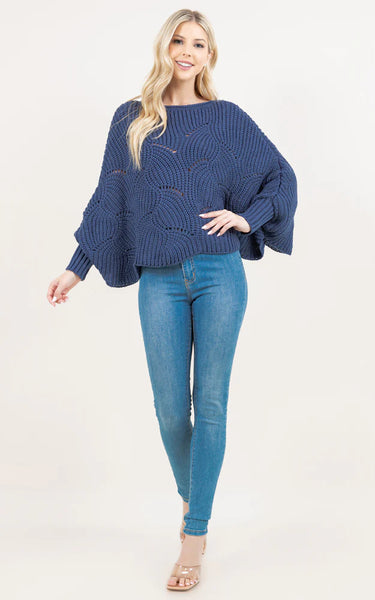 Poncho-BLUE Knit Poncho With Sleeves