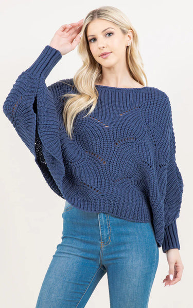 Poncho-BLUE Knit Poncho With Sleeves
