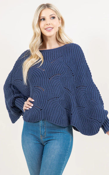 Poncho-BLUE Knit Poncho With Sleeves
