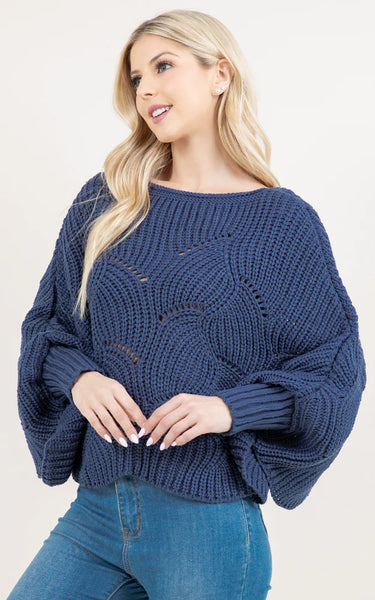 Poncho-BLUE Knit Poncho With Sleeves