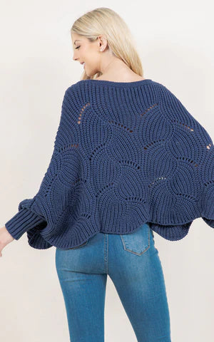 Poncho-BLUE Knit Poncho With Sleeves