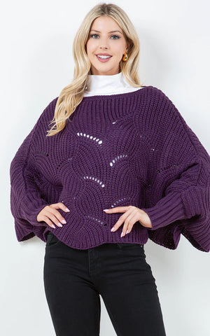 Poncho-EGGPLANT Knit Poncho With Sleeves