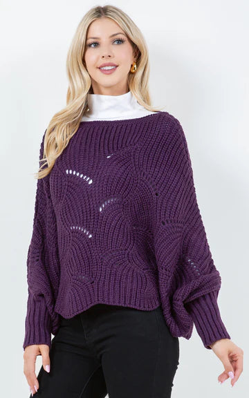 Poncho-EGGPLANT Knit Poncho With Sleeves