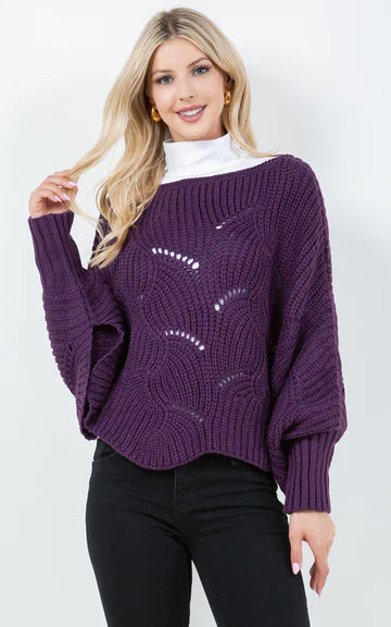 Poncho-EGGPLANT Knit Poncho With Sleeves