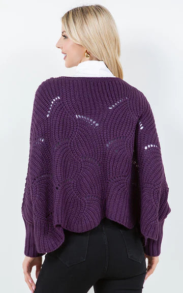 Poncho-EGGPLANT Knit Poncho With Sleeves