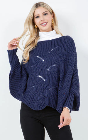 Poncho-NAVY Solid-Color Knit with Sleeves