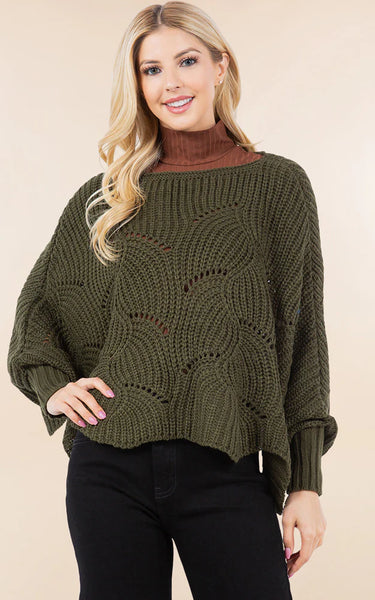 Poncho-OLIVE Knit Poncho With Sleeves