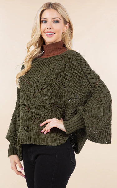 Poncho-OLIVE Knit Poncho With Sleeves