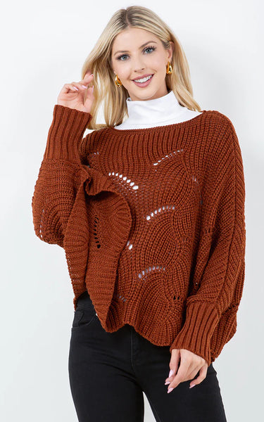 Poncho-PUMPKIN Solid-Color Knit with Sleeves