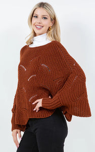 Poncho-PUMPKIN Solid-Color Knit with Sleeves