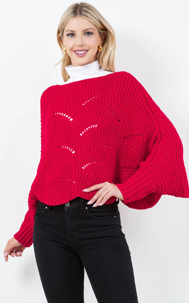 Poncho-RED Knit Poncho With Sleeves