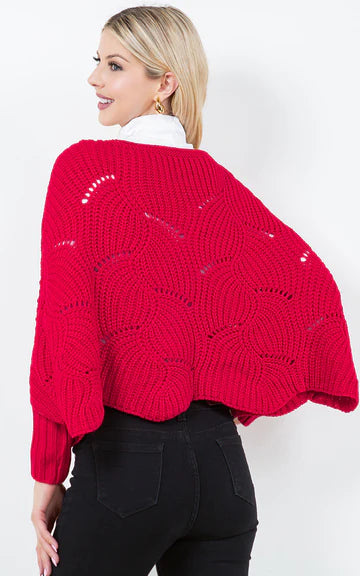 Poncho-RED Knit Poncho With Sleeves