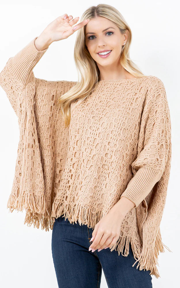 Poncho-TAN Crochet Overlay, Sleeves & Fringe