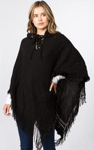 Poncho-BLACK Hooded Solid Poncho w/Lace Up Design