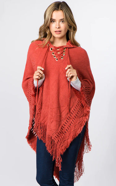 Poncho-PUMPKIN Hooded Solid Poncho w/Lace Up Design