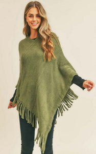 Poncho-OLIVE Dotted Line Detail with Tassels