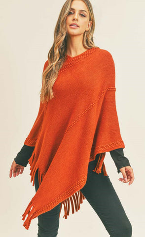 Poncho-RUST Dotted Line Detail with Tassels