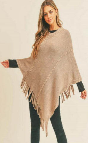 Poncho-TAUPE Dotted Line Detail with Tassels