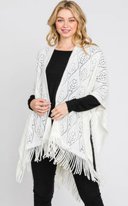 Shawl-WHITE Lacy Knit With Fringe