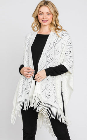 Shawl-WHITE Lacy Knit With Fringe