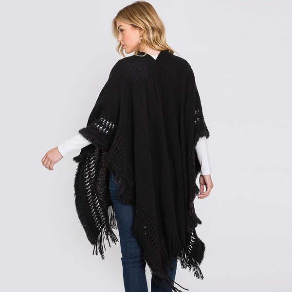 Shawl-BLACK Knit Cut-Out Ruana With Fringe