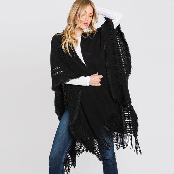 Shawl-BLACK Knit Cut-Out Ruana With Fringe