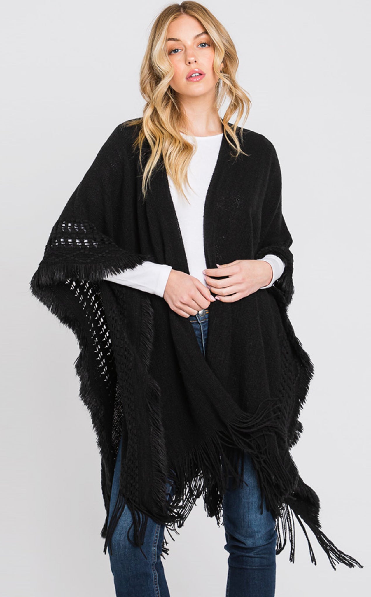 Shawl-BLACK Knit Cut-Out Ruana With Fringe