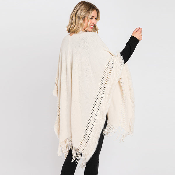 Shawl-IVORY Knit Cut-Out Ruana With Fringe