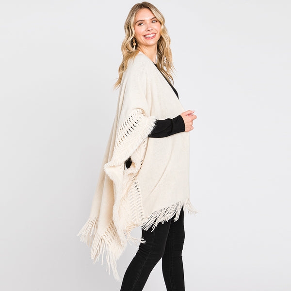 Shawl-IVORY Knit Cut-Out Ruana With Fringe