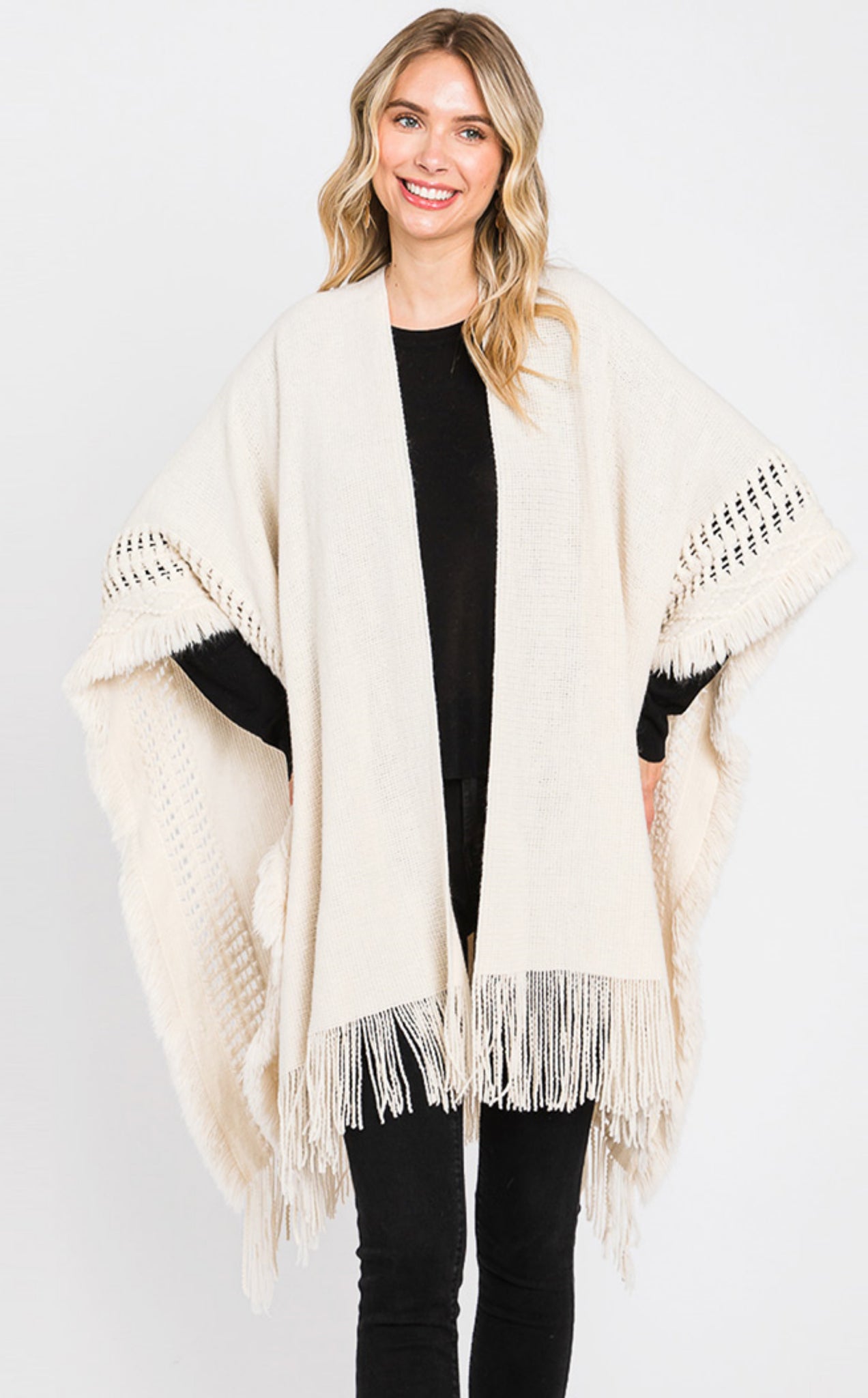 Shawl-IVORY Knit Cut-Out Ruana With Fringe