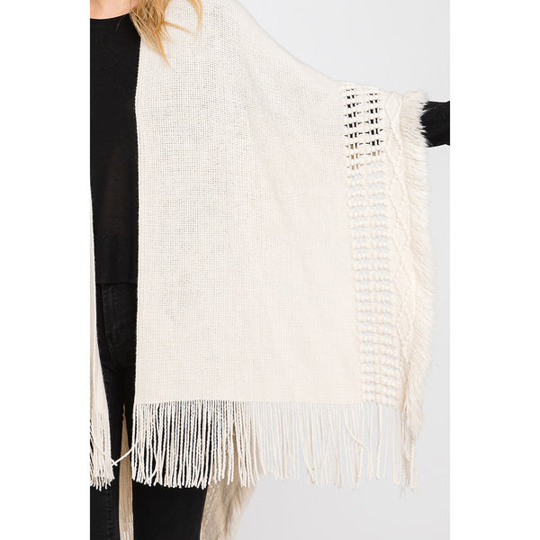 Shawl-IVORY Knit Cut-Out Ruana With Fringe