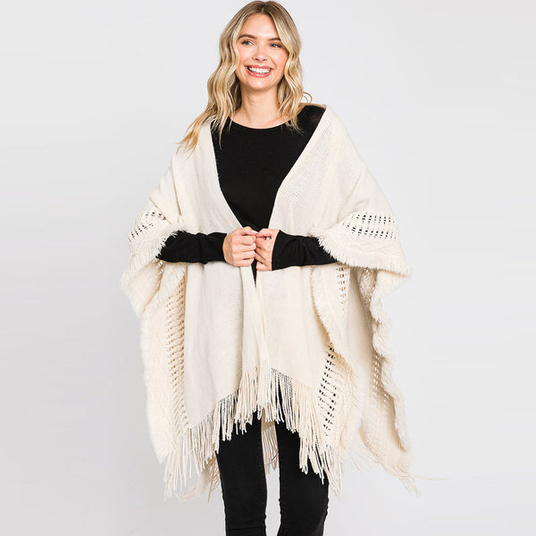 Shawl-IVORY Knit Cut-Out Ruana With Fringe