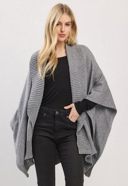 Ruana-GRAY Ribbed Trim, Soft Knit