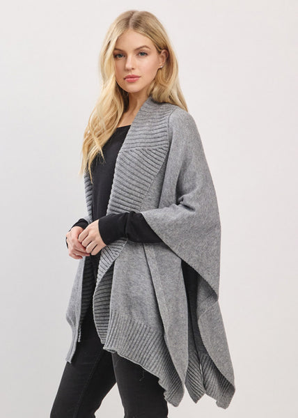 Ruana-GRAY Ribbed Trim, Soft Knit