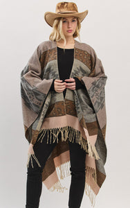 Ruana-GRAY Aztec Leopard Pattern Fringe