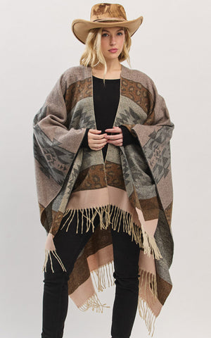 Ruana-GRAY Aztec Leopard Pattern Fringe