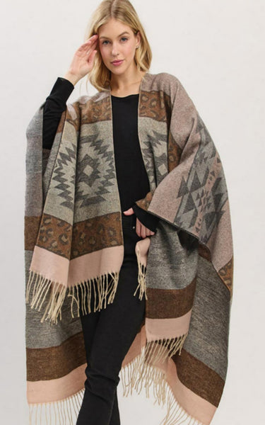 Ruana-GRAY Aztec Leopard Pattern Fringe