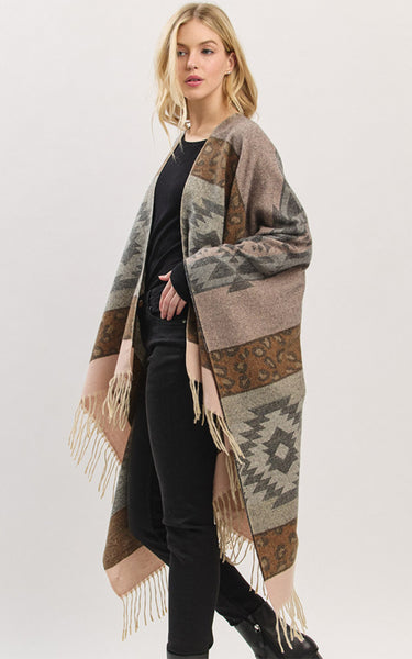 Ruana-GRAY Aztec Leopard Pattern Fringe