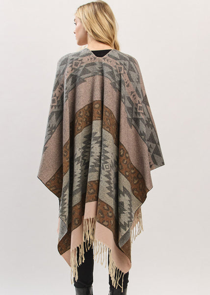 Ruana-GRAY Aztec Leopard Pattern Fringe