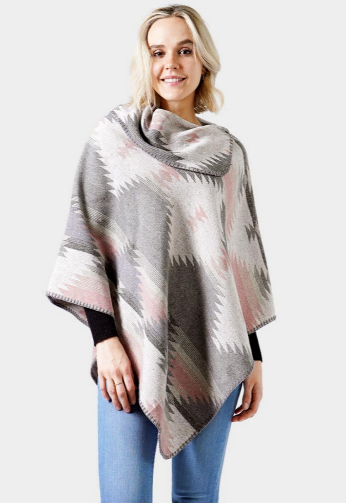Poncho-GRAY-Southwestern Pattern