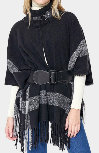 Cape-BLACK with Gray Stripe Accents and Fringe