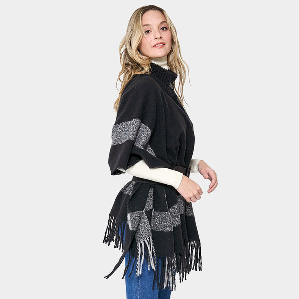 Cape-BLACK with Gray Stripe Accents and Fringe